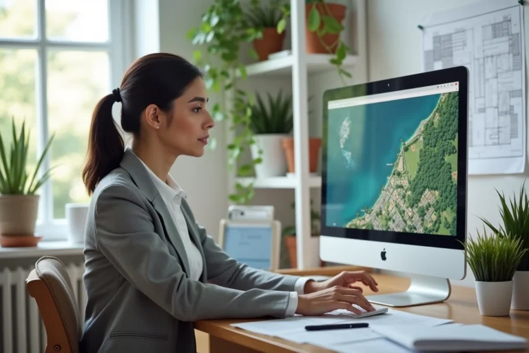 Femme consultant une plateforme en ligne d'aide à l'achat de terrain sur un ordinateur de bureau à domicile