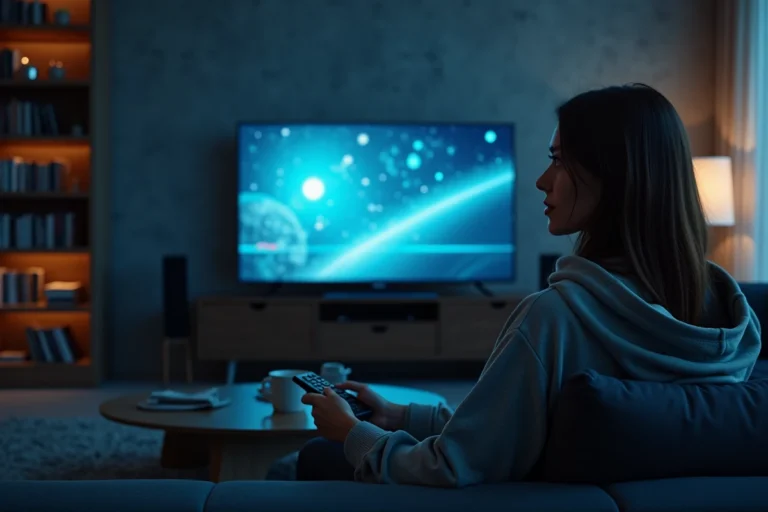Femme regardant une série de science-fiction sur Netflix dans un salon moderne aux tons sombres et atmosphériques