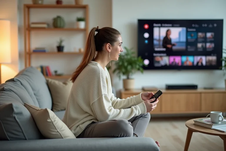 Jeune femme regardant un service de streaming gratuit sur sa télévision depuis son salon confortable