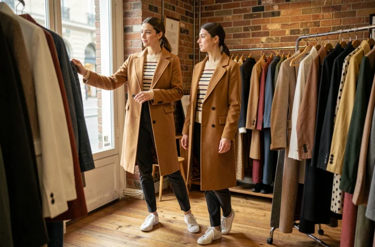 Jeune femme élégante explorant une boutique vintage parisienne, portant un manteau camel et un pull rayé, illustrant les tendances de style quotidien