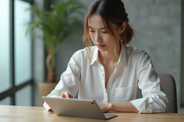 Femme utilisant une tablette tactile innovante dans un bureau minimaliste moderne en 2024