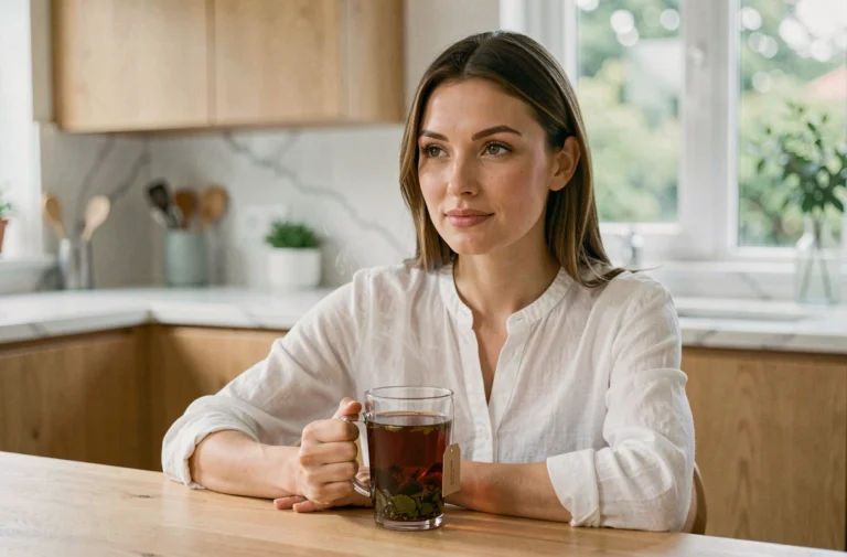 Femme tenant une tasse de thé détox aux herbes dans une cuisine moderne, illustrant les questions sur les dangers potentiels du Lulutox