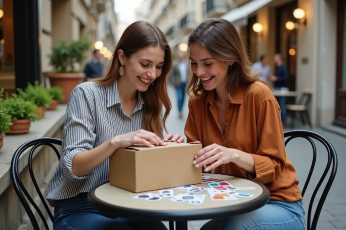Deux femmes découvrant avec enthousiasme des goodies gratuits reçus par courrier, assis à la terrasse d'un café en ville