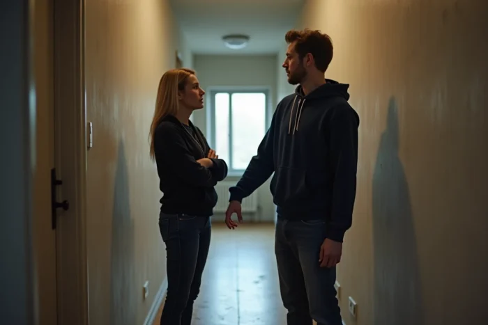 Fils adulte tournant le dos à sa mère dans un couloir d'appartement, symbolisant le silence et la rupture relationnelle entre parent et enfant adulte