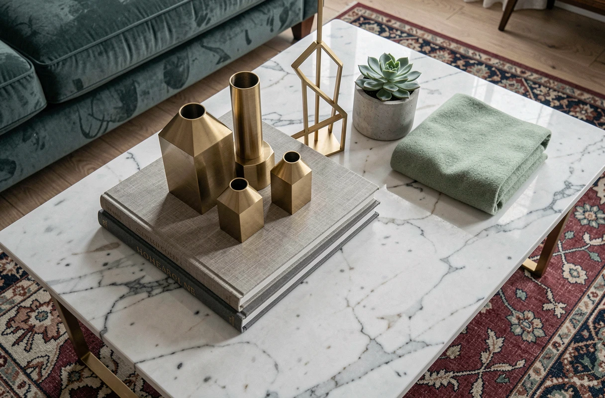 Flat lay de décoration intérieure avec livres en lin, bougeoirs en laiton et plante succulente sur une table en marbre