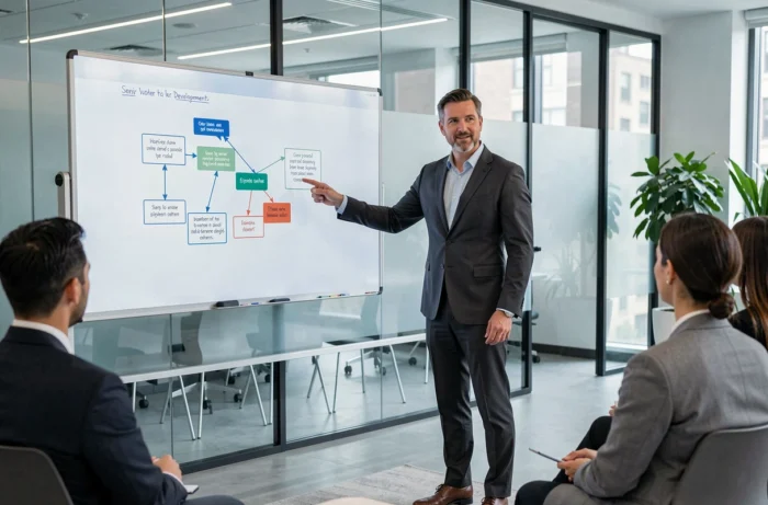 Formateur professionnel présentant un programme de développement de carrière à un groupe en salle de formation corporate