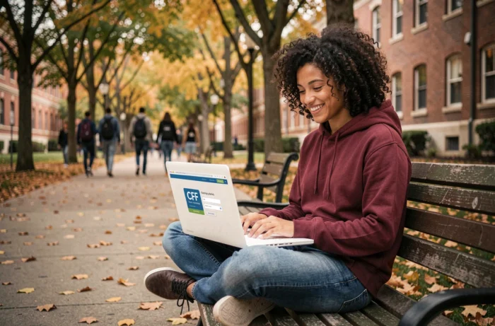 Un jeune adulte utilisant un ordinateur portable neuf obtenu grâce à une formation CPF sur un campus universitaire en automne