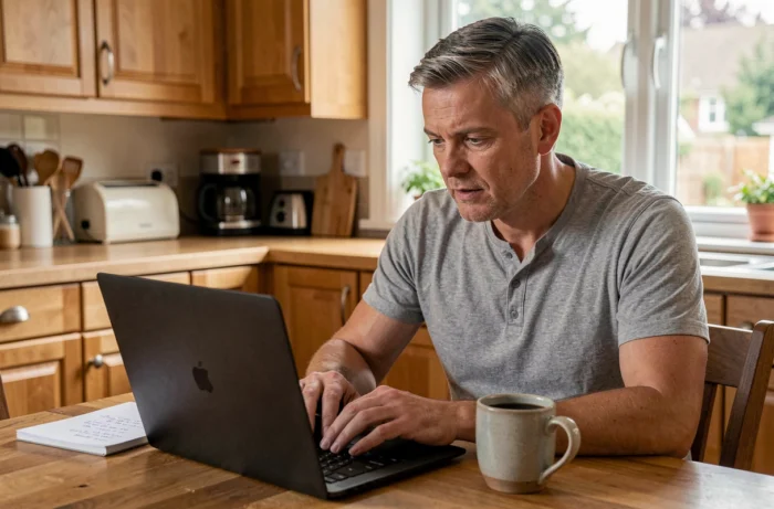 Un homme adulte suivant une formation CPF en ligne sur un ordinateur portable depuis chez lui