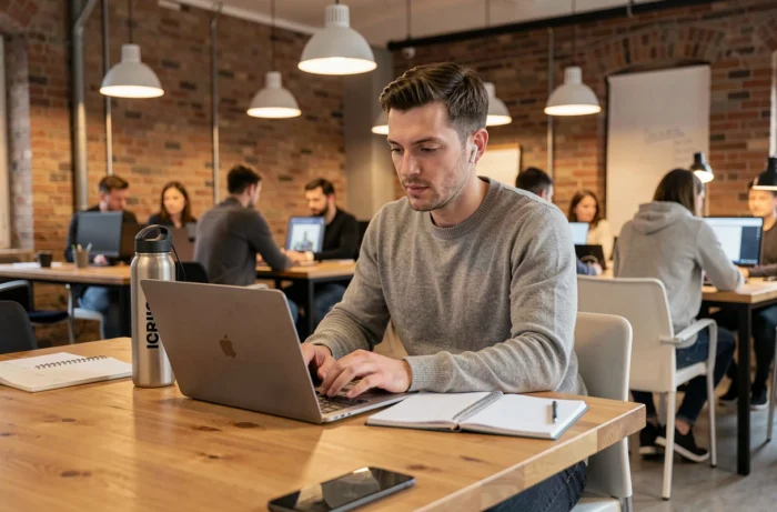Jeune professionnel parisien suivant une formation digitale dans un espace de coworking entre deux réunions