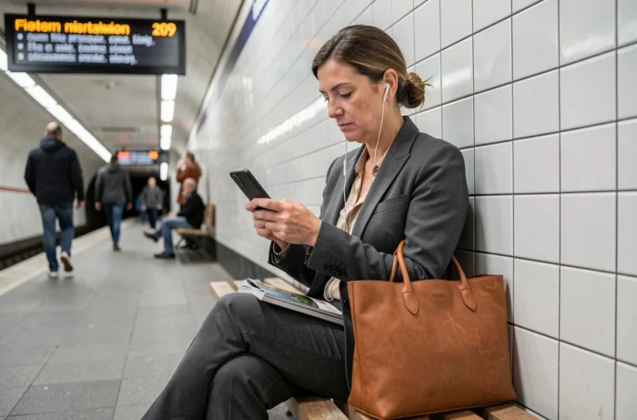 Cadre parisienne se formant au digital sur smartphone dans le métro parisien pendant ses trajets quotidiens