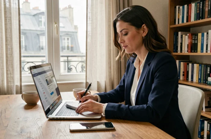 Femme professionnelle se formant au digital en ligne depuis son appartement parisien tout en travaillant