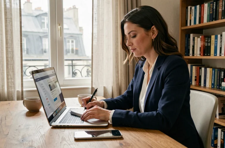 Femme professionnelle se formant au digital en ligne depuis son appartement parisien tout en travaillant