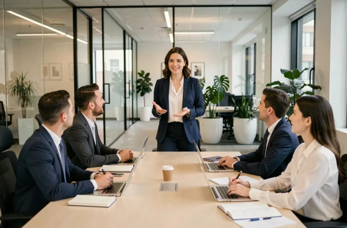 Formatrice professionnelle présentant une session de formation à une équipe en entreprise dans une salle de réunion moderne