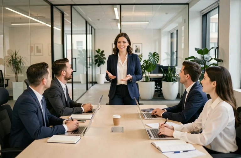 Formatrice professionnelle présentant une session de formation à une équipe en entreprise dans une salle de réunion moderne