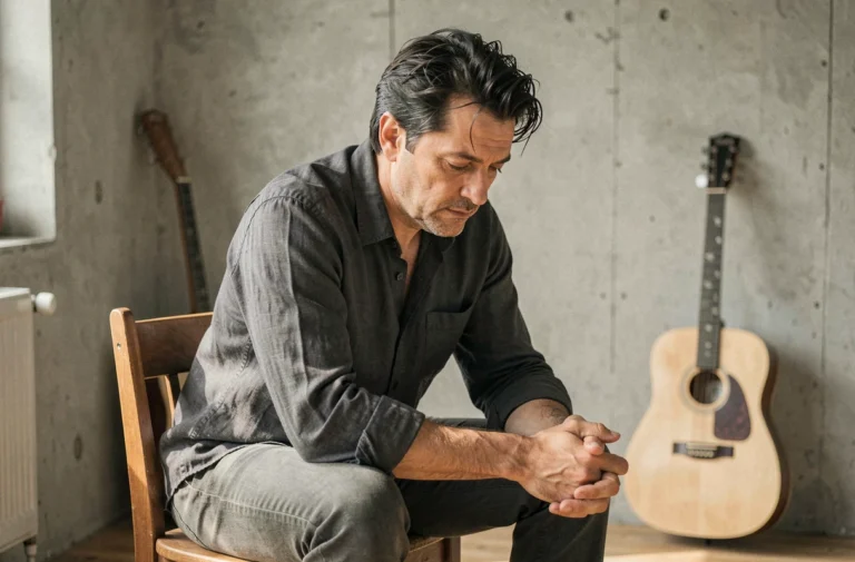 Chanteur introspectif assis dans une salle de répétition avec une guitare, évoquant le combat personnel et la renaissance artistique