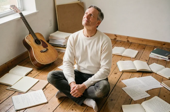 Artiste en renaissance créative entouré de carnets et de guitare acoustique dans un studio ouvert, après une période de maladie