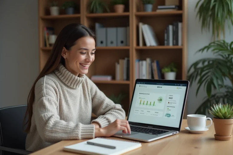 Jeune femme souriante devant son ordinateur portable dans un bureau à domicile minimaliste, symbolisant les moyens de gagner 100 euros rapidement en ligne