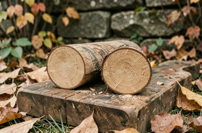 Gros plan sur des bûches densifiées posées sur un billot en bois dans un jardin en automne