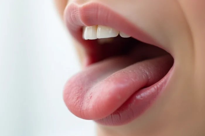 Gros plan d'une langue festonnée montrant les bords dentelés caractéristiques de cette condition buccale