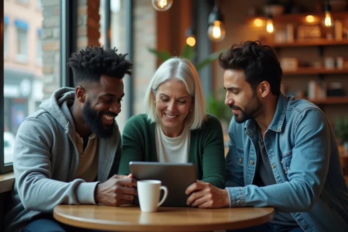 Trois adultes de profils variés discutent de l'actualité sur une tablette dans un café urbain, illustrant l'information citoyenne partagée