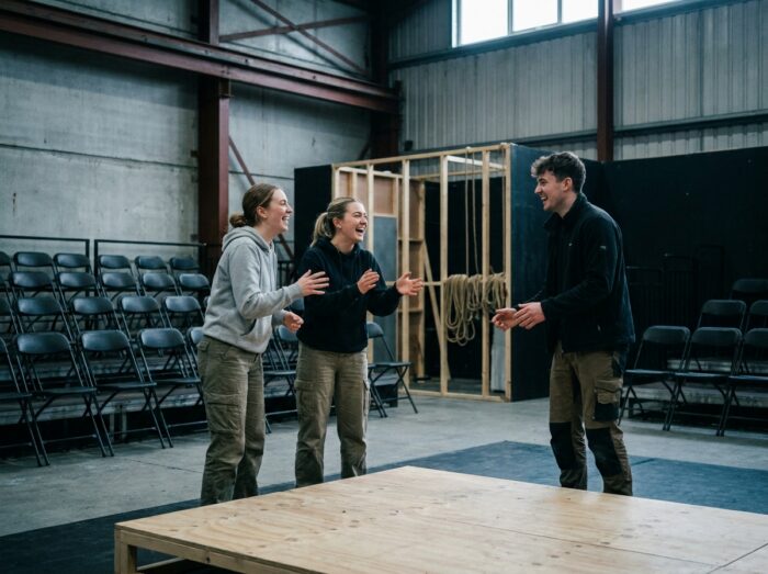 Groupe d'étudiants en prépa entertainment en pleine répétition dans un espace de théâtre industriel