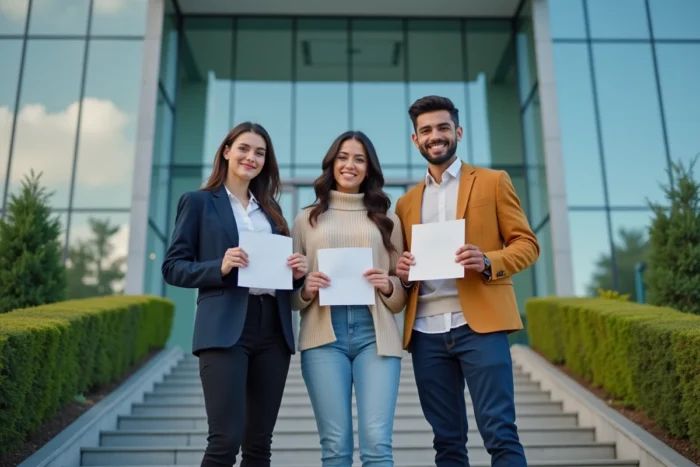 Groupe de jeunes diplômés tenant leurs certificats devant un centre d'orientation professionnelle moderne