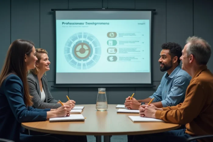 Groupe de salariés participant à une session de formation professionnelle obligatoire en salle de réunion d'entreprise