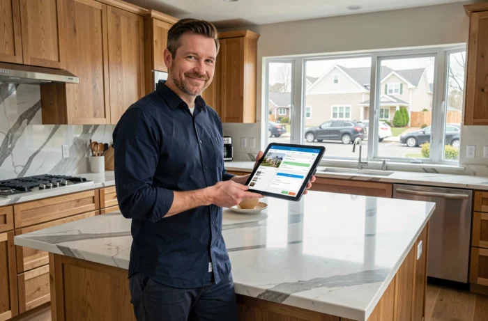 Homme consultant une application immobilière sur tablette dans une cuisine moderne pour simplifier ses démarches d'achat