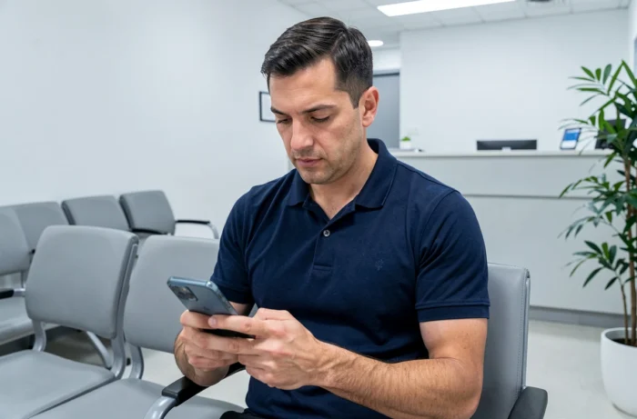 Homme consultant une application de santé sur son smartphone dans une salle d'attente médicale moderne