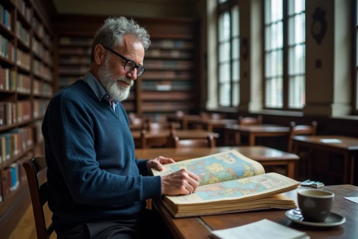 Homme barbu avec des lunettes consultant un atlas dans une salle de lecture universitaire en bois sombre