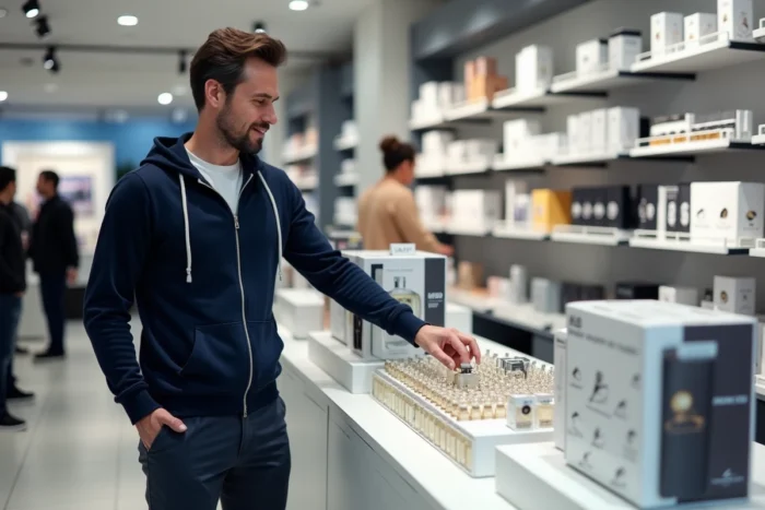 Homme récupérant des échantillons et goodies gratuits sur un comptoir promotionnel dans une boutique moderne