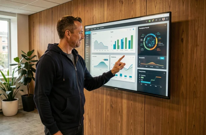 Homme interagissant avec un écran tactile affichant des analyses IA dans un espace de coworking technologique