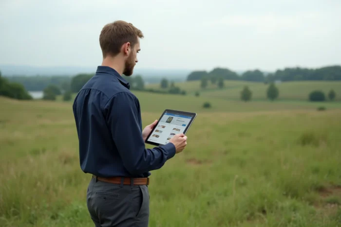 Homme évaluant un terrain à bâtir tout en utilisant une application mobile de recherche foncière