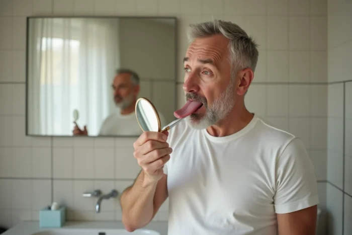 Homme s'examinant la langue dans un miroir de salle de bain pour détecter des anomalies buccales