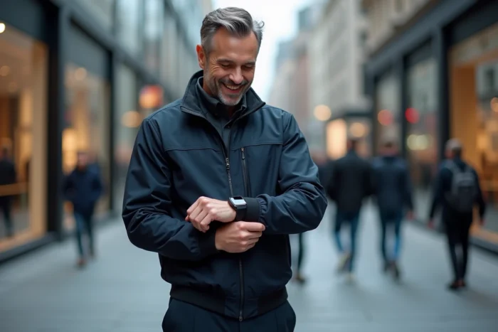 Homme en ville consultant une montre connectée innovante dans un environnement urbain moderne