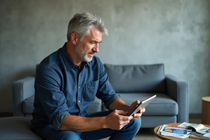 Homme parcourant les contenus d'un site web sur une tablette dans un salon moderne et contemporain