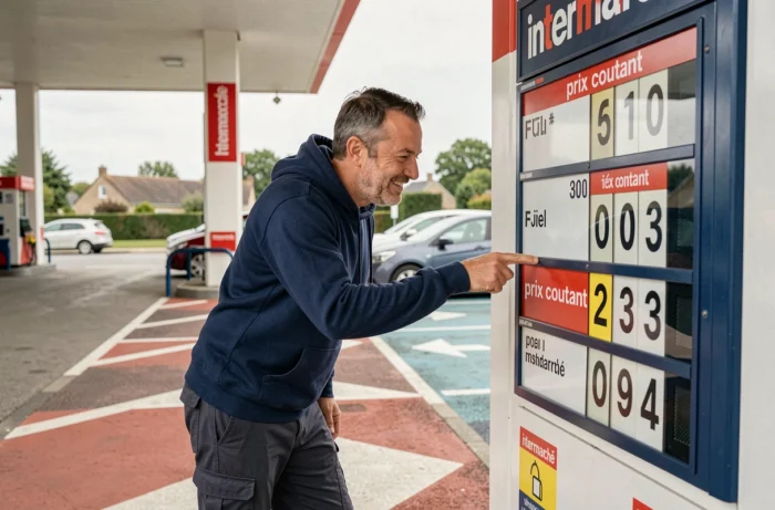 Homme consultant l'affichage des prix de carburant à prix coûtant à la station Intermarché