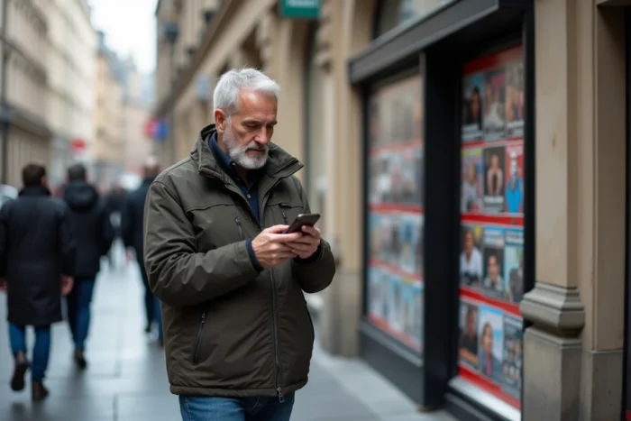 Un homme de 55 ans consulte l'actualité sur son smartphone dans une rue urbaine animée, représentant l'information citoyenne au quotidien