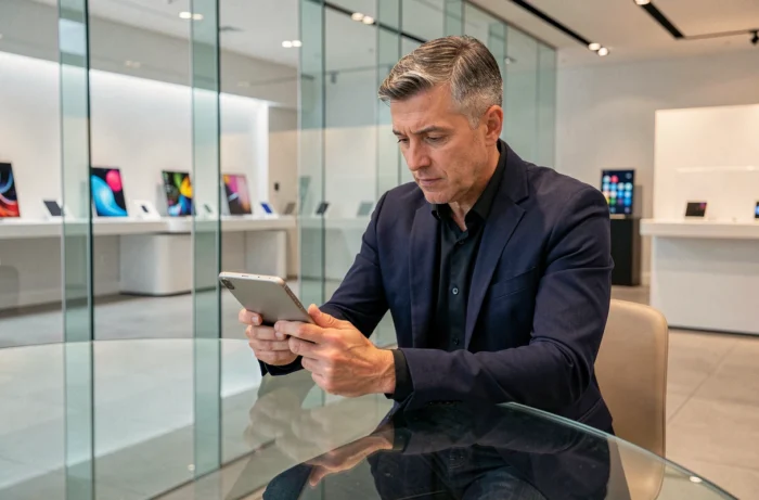 Homme d'affaires examinant un smartphone pliable de nouvelle génération dans un showroom high-tech en 2024