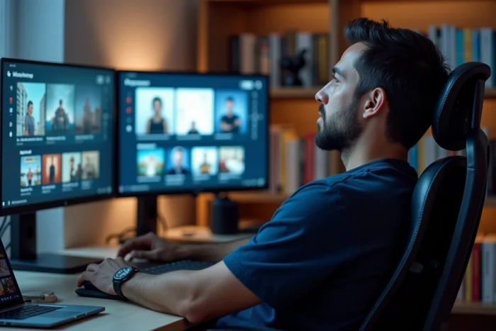 Homme en télétravail explorant des alternatives gratuites à Zaniob pour regarder des films en streaming
