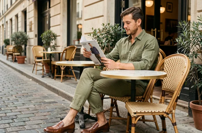 Homme stylé en chemise lin olive feuilletant un magazine de mode en terrasse de café parisien, représentant les conseils de style masculin au quotidien
