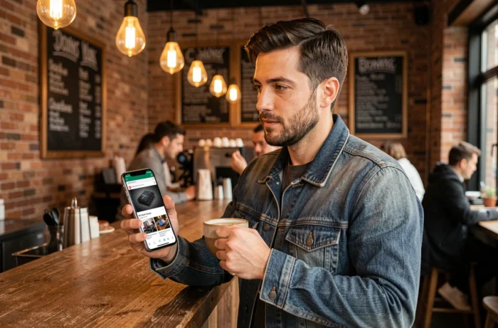 Homme lisant les dernières tendances high-tech sur son smartphone dans un café urbain branché