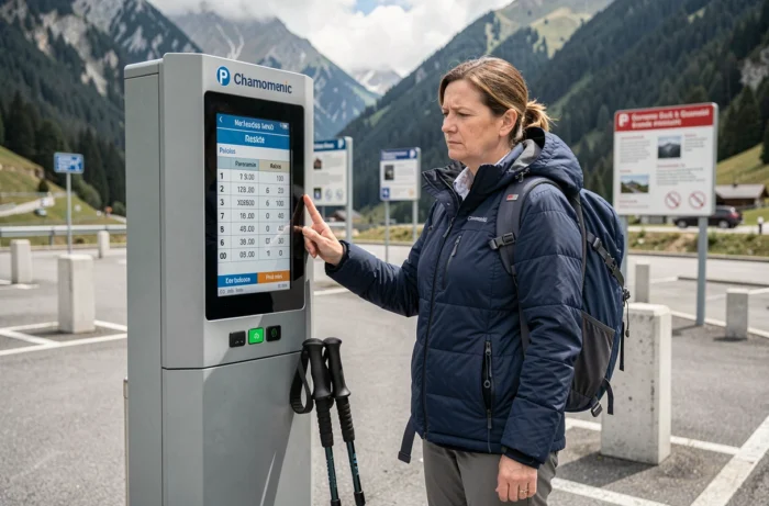 Femme consultant le tarif d'un horodateur dans un parking de montagne près de Chamonix