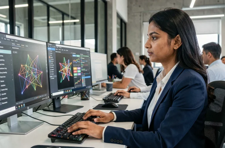 Ingénieure en intelligence artificielle travaillant sur des modèles de machine learning dans un bureau moderne avec des écrans affichant des réseaux de neurones