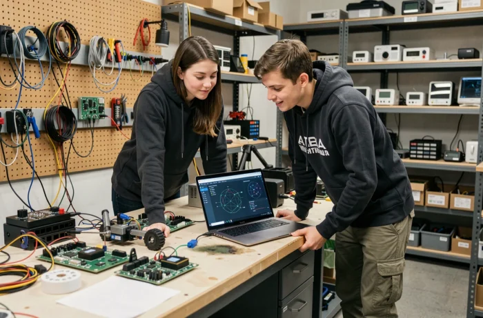 Deux ingénieurs collaborant sur des composants robotiques et d'intelligence artificielle dans un laboratoire de startup technologique en 2024