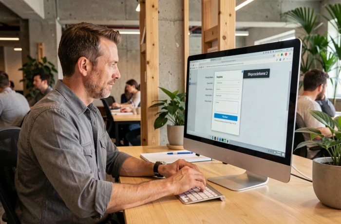 Homme d'affaires complétant une inscription en ligne étape par étape sur un ordinateur de bureau dans un espace de coworking