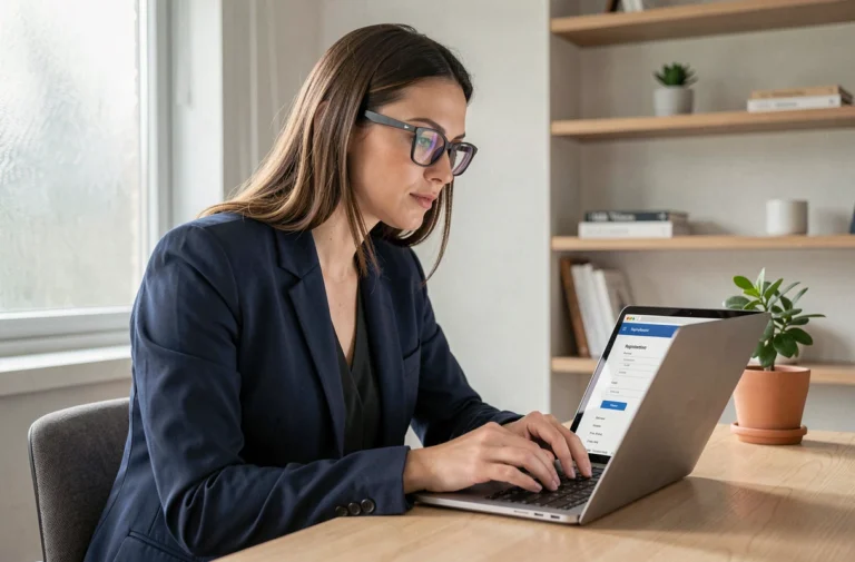 Femme concentrée en train de s'inscrire sur un site web depuis son bureau à domicile avec un ordinateur portable