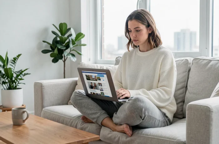 Jeune femme consultant les actualités sur son ordinateur portable dans un salon moderne