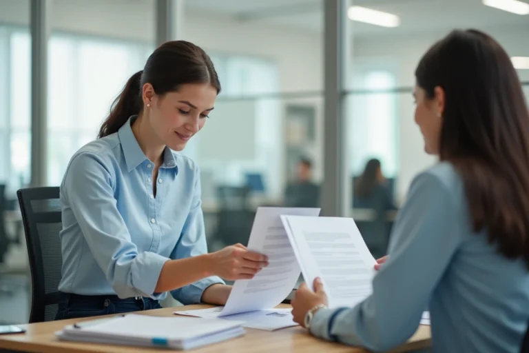 Jeune femme en entretien d'orientation professionnelle avec une conseillère dans une agence pour l'emploi moderne