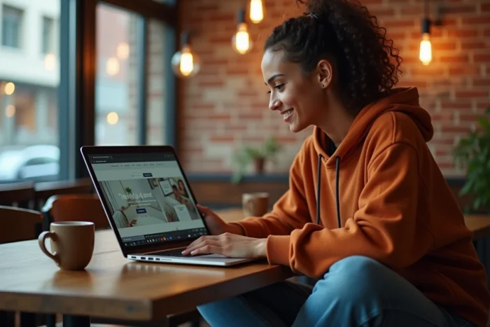 Jeune femme consultant les rubriques d'un site web sur son ordinateur portable dans un café urbain